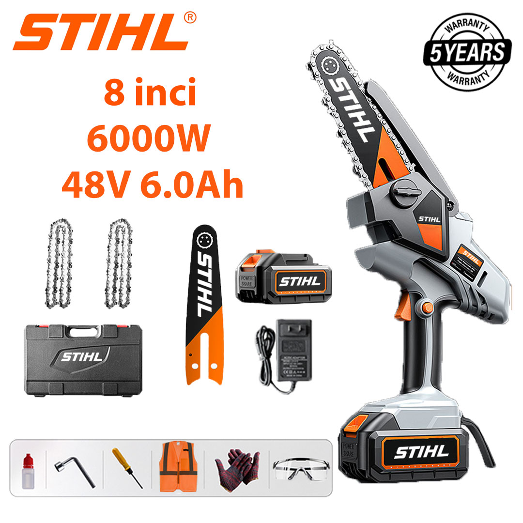 Ferăstrău electric cu litiu fără perii de 8 inchi, putere 6000 W, baterie 48 V 6,0 Ah*2, încărcător, placă de ghidare*1, lanț*2, cutie de scule, lubrifiant și ochelari de protecție, garanție de cinci ani