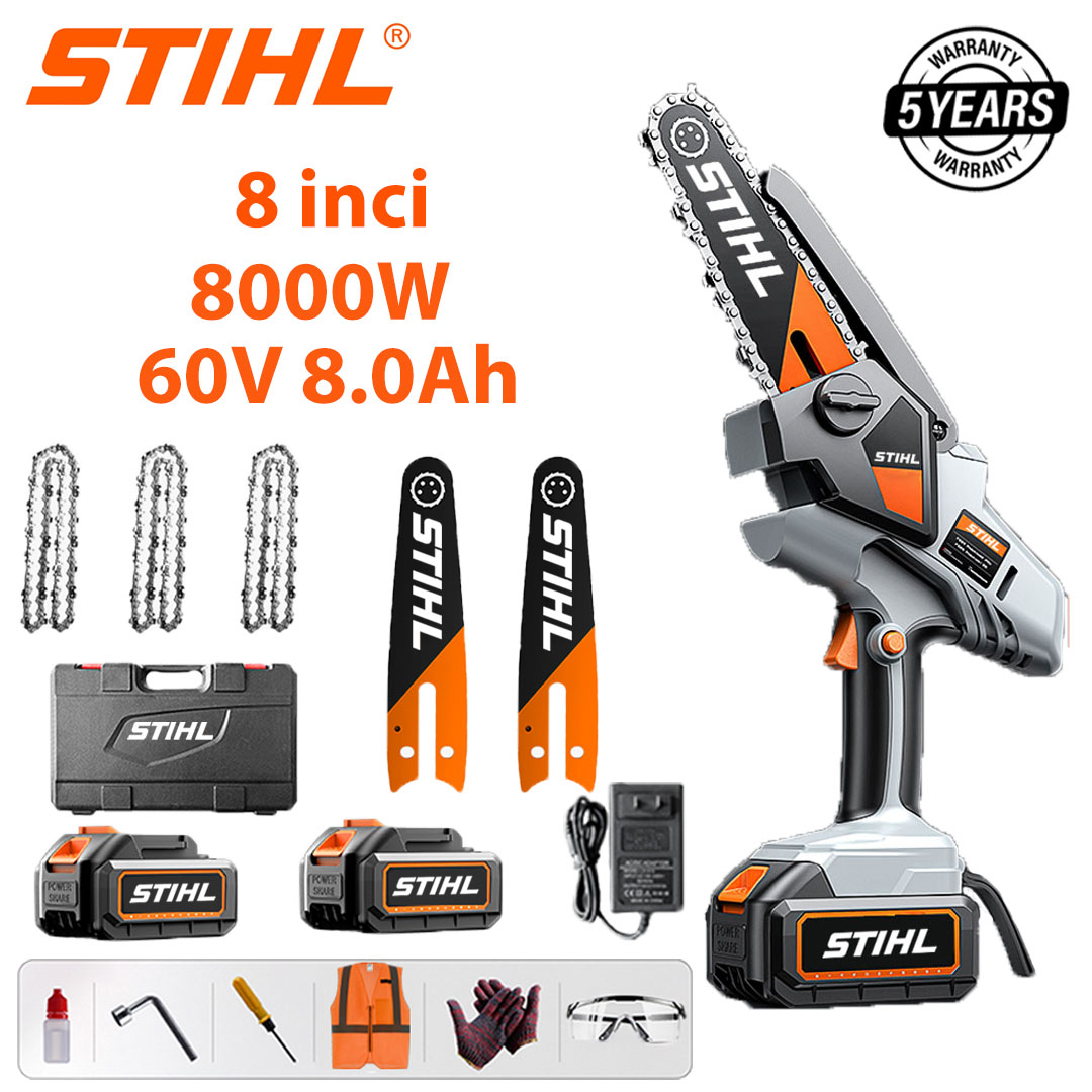 Ferăstrău electric cu litiu fără perii de 8 inchi, putere 8000 W, baterie 60 V 8,0 Ah*2, încărcător, placă de ghidare*2, lanț*3, cutie de scule, lubrifiant și ochelari de protecție, garanție de cinci ani