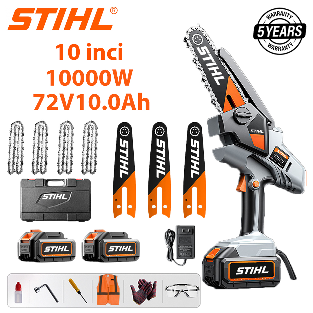 Ferăstrău electric cu litiu fără perii de 10 inchi, putere de 10000 W, baterie de 72 V 12 Ah*2, încărcător, placă de ghidare*3, lanț*4, cutie de scule, lubrifiant și ochelari de protecție, garanție de cinci ani