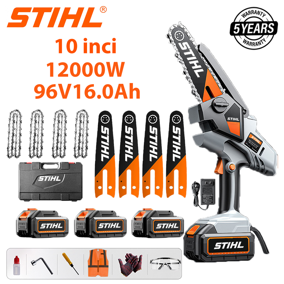 Ferăstrău electric cu litiu fără perii de 10 inchi, putere 12000W, baterie 96V 16Ah*3, încărcător, placă de ghidare*4, lanț*4, cutie de scule, lubrifiant și ochelari de protecție, garanție de cinci ani
